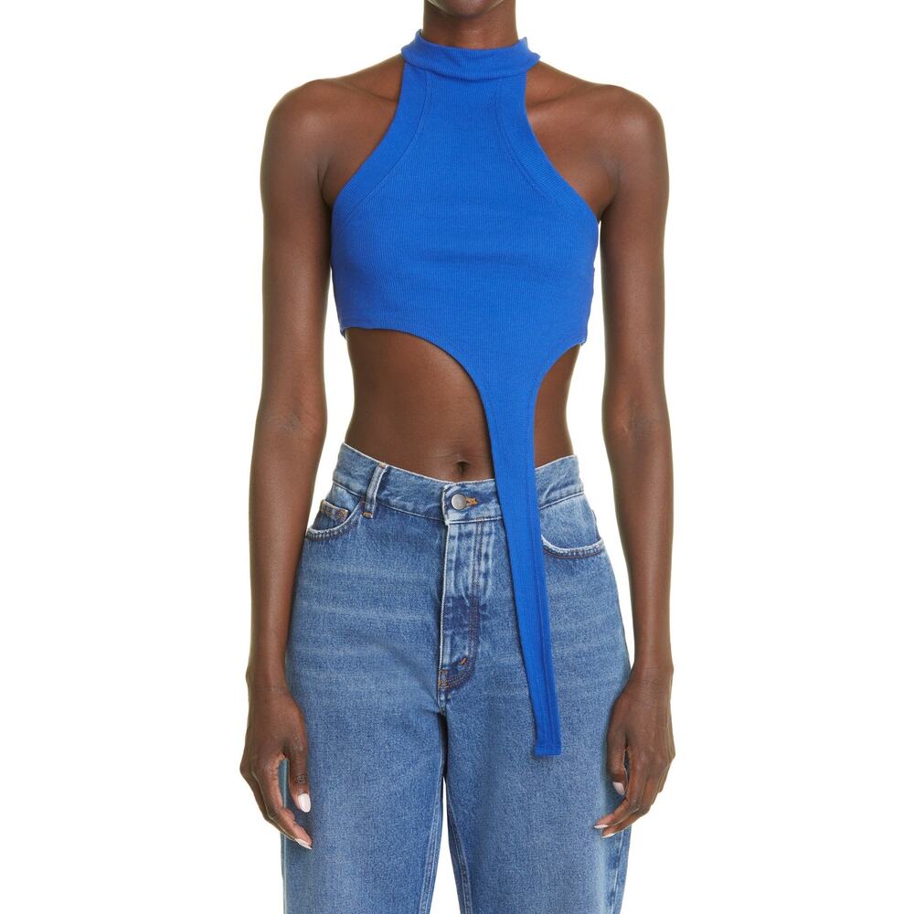 K.ngsley Bright Blue Race Her Ribbed Asymmetrical Cropped Halter Tank Top Small - Picture 1 of 10